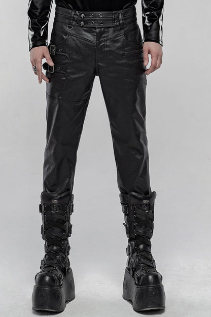 Men's Steampunk Pants with Metal Buckle and Side Zipper in Black Faux Leather