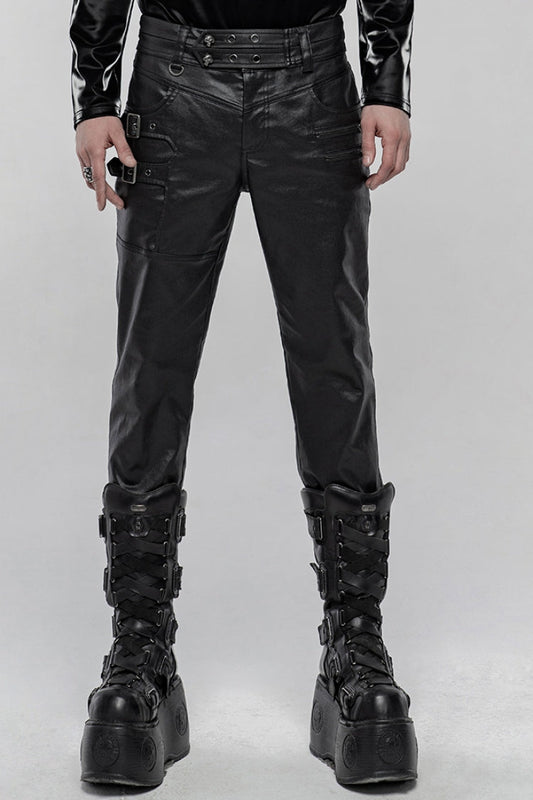 Men's Steampunk Pants with Metal Buckle and Side Zipper in Black Faux Leather