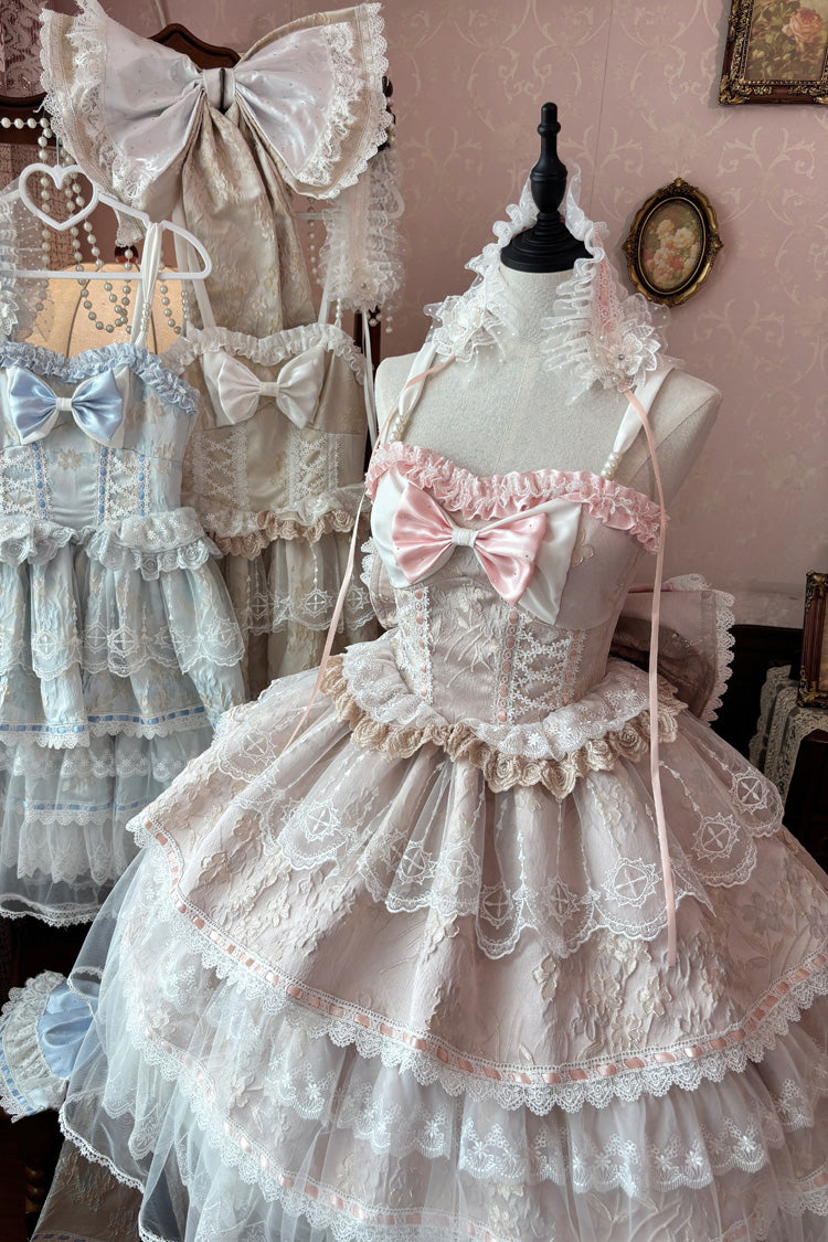 Rose Moonlight Woven Flower Box Square Neck Layered Ruffles Bride Embroidered Bow Lace Plus JSK Set