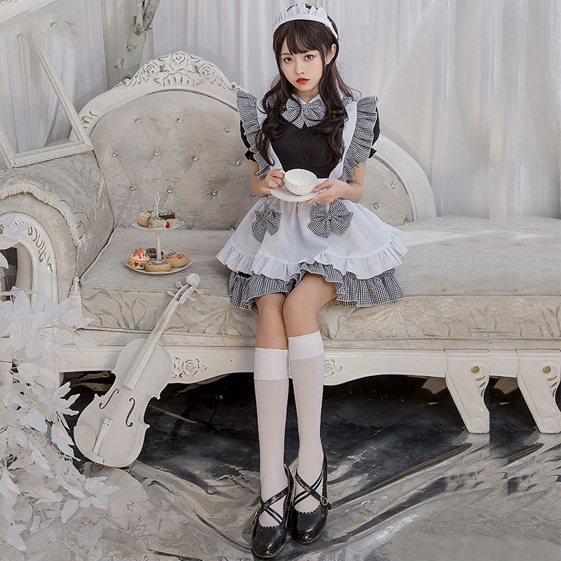 Robe de costume Lolita à volants et nœud papillon à carreaux Kawaii