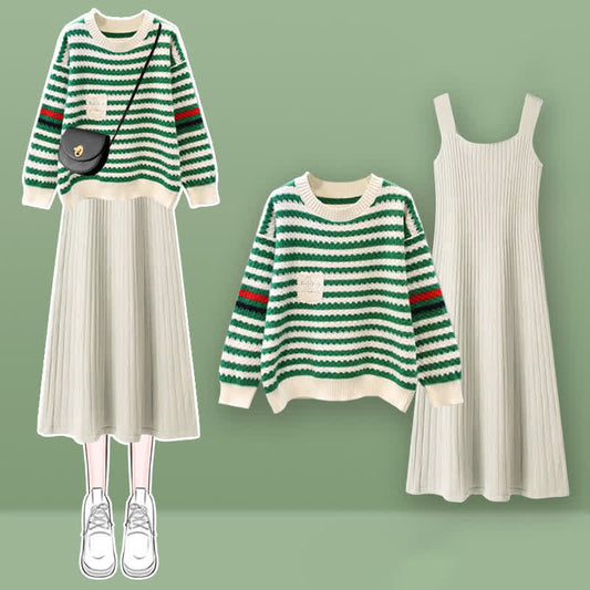 Knit Colorblock Set Stripe Sweater Dress Slip