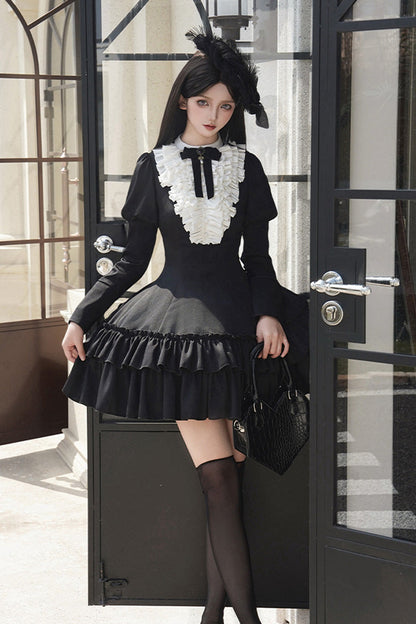 Stand Collar Double-Layered Ruffle Gothic Dress