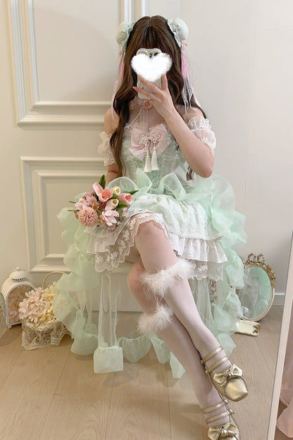 Emerald Rain and Flowers Halterneck Jacquard Bowknot Lace Sweet Lolita JSK