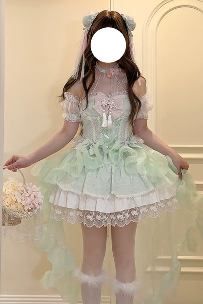 Emerald Rain and Flowers Halterneck Jacquard Bowknot Lace Sweet Lolita JSK