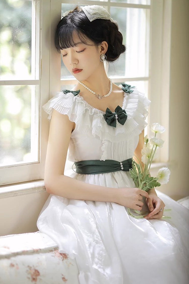 White Round-Collar Sleeveless Ruffled Bow-Trim Sweet Lolita Dress