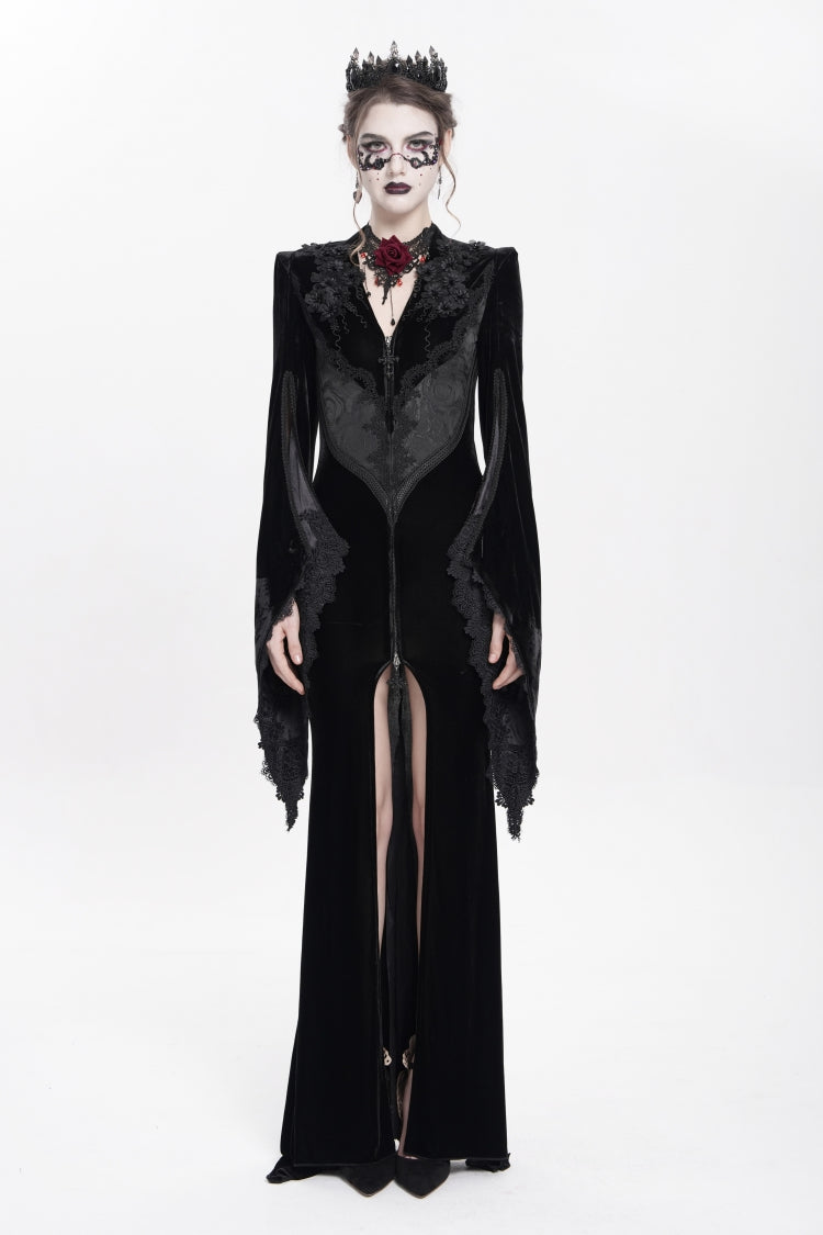 V Collar Trumpet Sleeve Floral Embroidered Velvet Gothic Dress