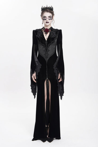 V Collar Trumpet Sleeve Floral Embroidered Velvet Gothic Dress
