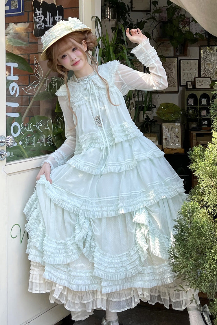 Sweet Stand Collar Long Sleeve Multi Layer Ruffle Color Block Lolita Tiered Dress 14 Colors
