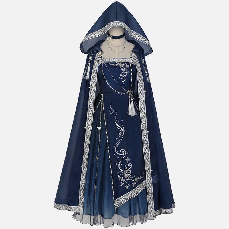 Robe nuisette à broderies papillons et chaîne avec cape à capuche