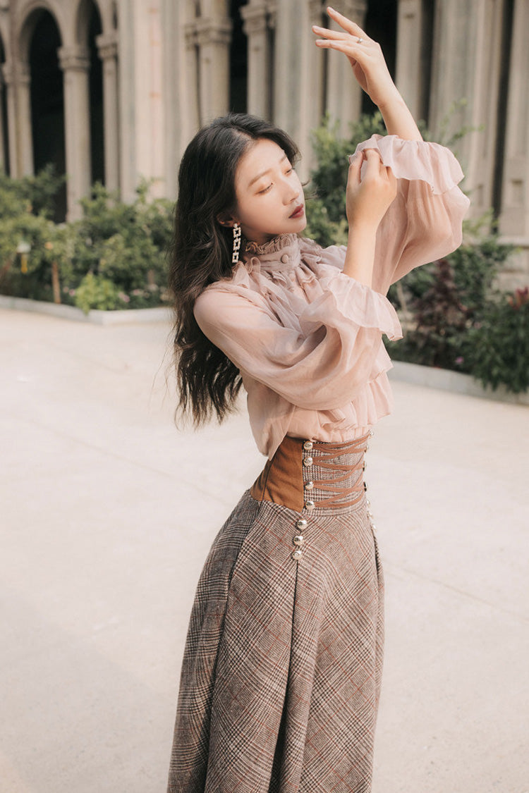 Pink Brown Stand Collar Long Lantern Sleeves Lace-Up Vintage Lolita Skirt Set