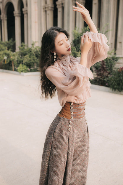 Pink Brown Stand Collar Long Lantern Sleeves Lace-Up Vintage Lolita Skirt Set