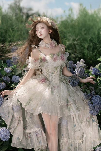 Emerald Layered Fishbone Lace-Up Lolita JSK - Spring Rose