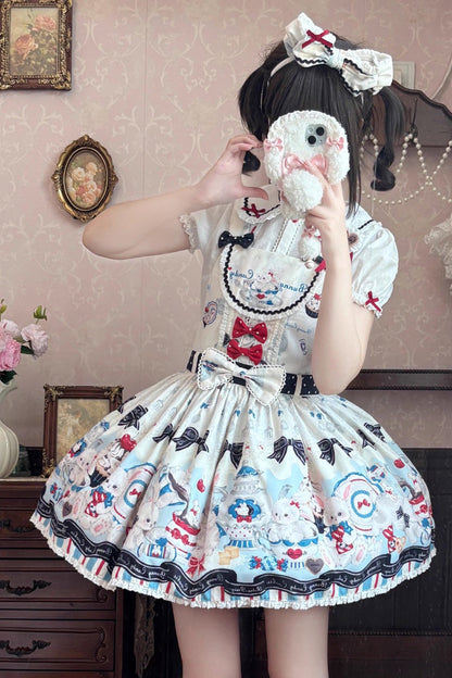 Mystery Rabbit Tea Party Sleeveless Print Bowknot Lace Sweet Lolita Strap Dress in Beige