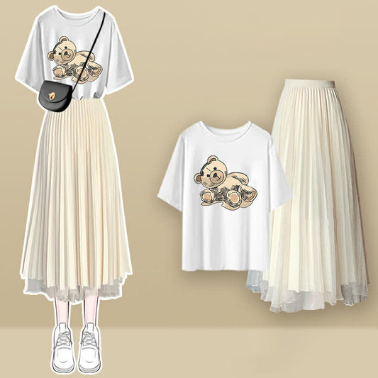 Print Cartoon Letter Tulle Pleated T-Shirt Bear Skirt