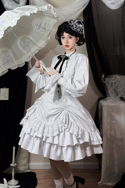 White Point Manor Multi-Striped Print Ruffled Bow Hem Gothic Lolita Skirt