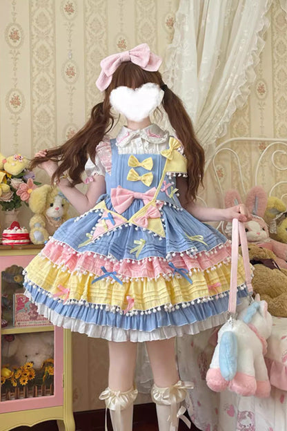 Cute Candy Bow Sweet Lolita JSK with Pennant in Yellow Blue Pink