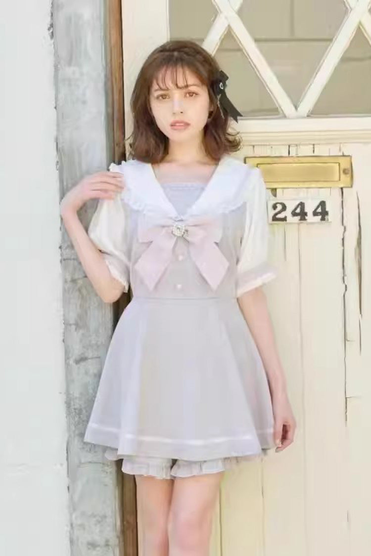 Short Sleeves Bowknot Lace Sweet Dress Set