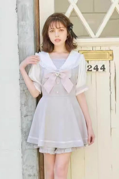 Short Sleeves Bowknot Lace Sweet Dress Set