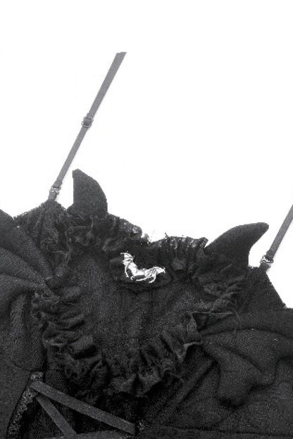 Pleated Dark Demon Slip Dress with Corset Lacing - NoirEdge