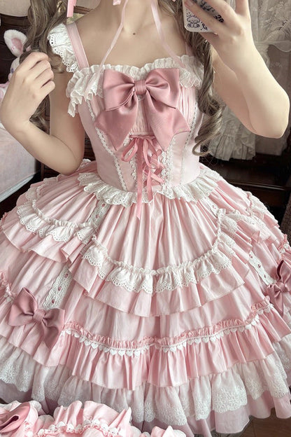 Pink Sleeveless Multi-Layered Ruffle Bowknot Lace-Up Sweet Lolita Tiered Dress
