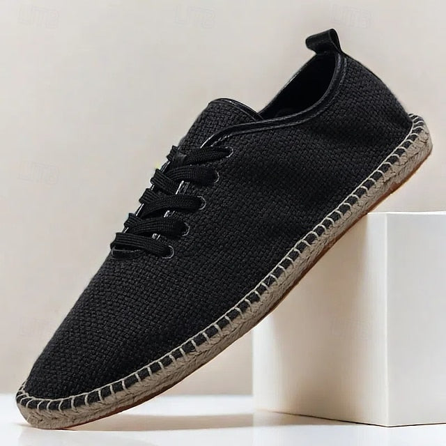 Men's Beige Canvas Lace-Up Espadrille Shoes with Jute Rope