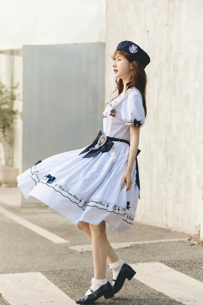 Ivory Navy Stripe Ruffled Embroidered Sweet Lolita Dress