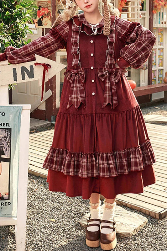 Velvet Plaid Print Bowknot Christmas Sweet Lolita Dress in Red