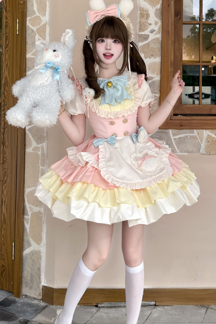 Cream Puffs Short Sleeve Layered Ruffle Bow Sweet Lolita Gown in Yellow Pink