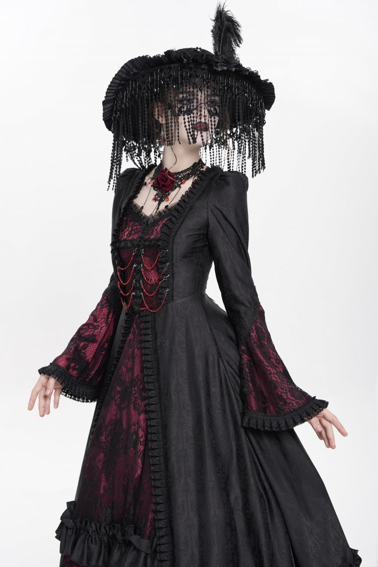 Long Sleeve Floral Embroidery Lace-Up Pleated Gothic Dress