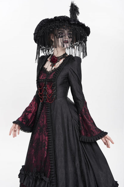 Long Sleeve Floral Embroidery Lace-Up Pleated Gothic Dress