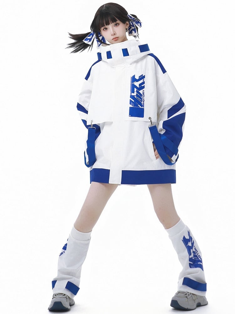 Blue and White Jirai Kei Techwear Straps Hooded Windbreaker Jacket