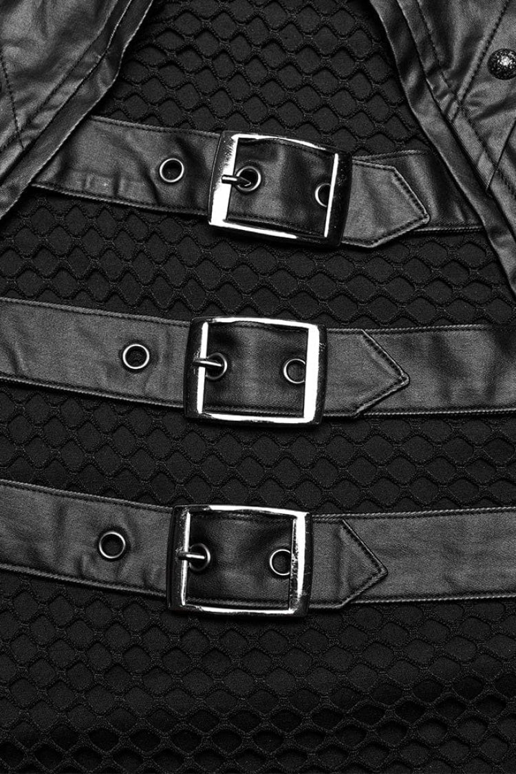Steampunk Men's Vest with Faux Leather Stitching Mesh Sheer and Metal Rivets