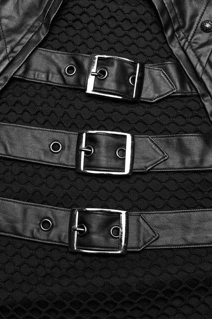 Steampunk Men's Vest with Faux Leather Stitching Mesh Sheer and Metal Rivets