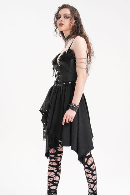 Mesh Panel Irregular Gothic Slip Dress in Black - NoirEdge