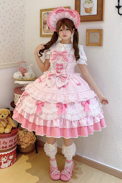 Pink Fondant Cake Sleeveless Multi-Layer Ruffle Bow Lace Sweet JSK Dress
