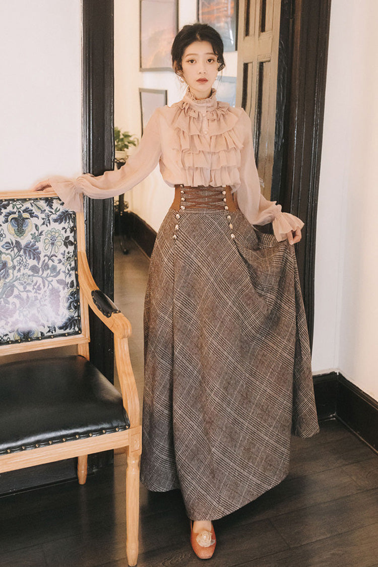 Pink Brown Stand Collar Long Lantern Sleeves Lace-Up Vintage Lolita Skirt Set