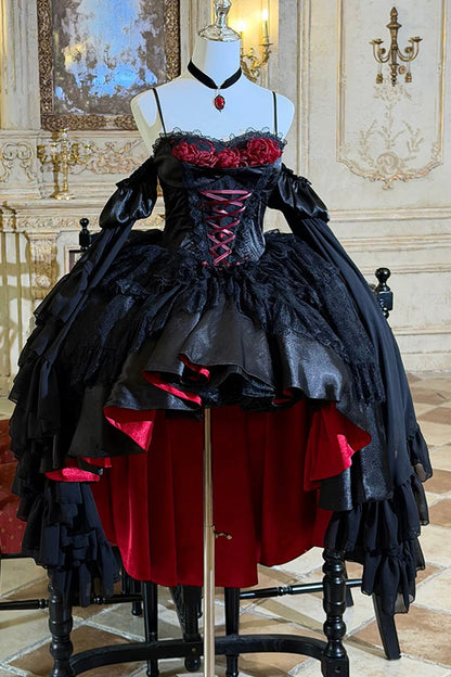 Blood Feast Halloween Off-Shoulder JSK Dress with Ruffles - Noir