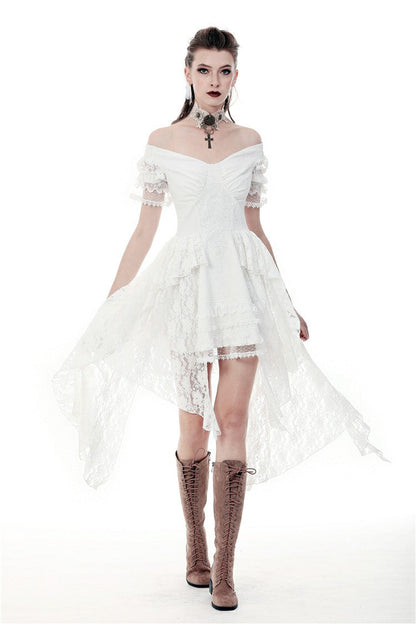 Ivory Off-Shoulder Lace Short Sleeve Steampunk Wedding Dress