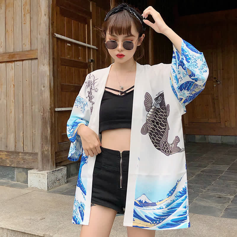 Vintage Wave Carp Print Casual Cardigan Kimono Outerwear