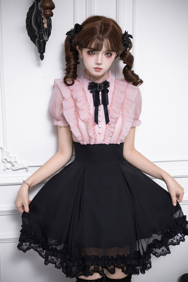 Puff-Sleeve Color-Blocked Faux Two-Piece Sweet Dress