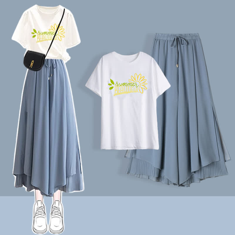 Printed Pants Pieces Leg Chic Chiffon Two T-Shirt Set Split Wide