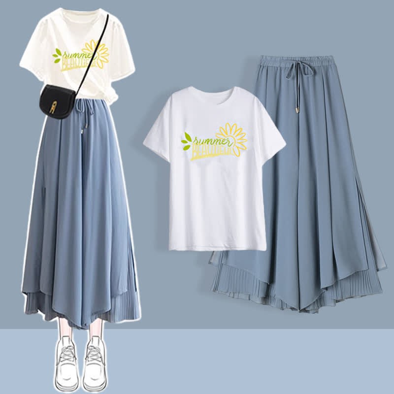 Printed Pants Pieces Leg Chic Chiffon Two T-Shirt Set Split Wide