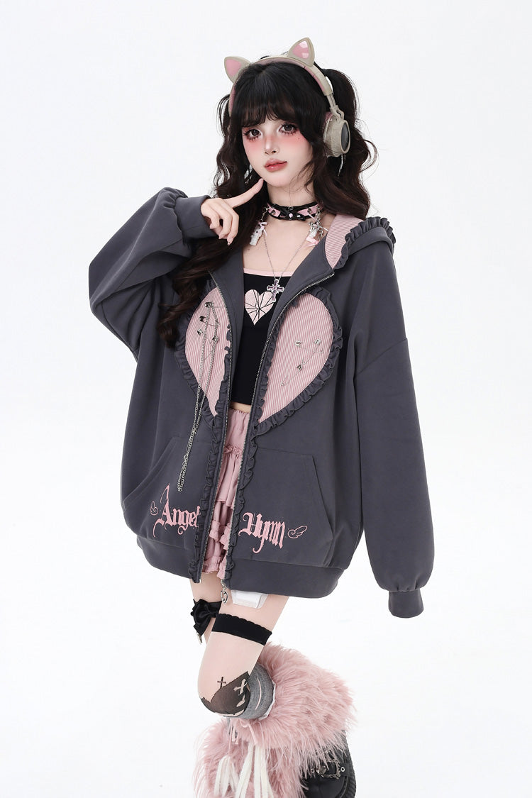 Striped Bunny Ear Hooded Heart Print Embroidery Coat Two Colors