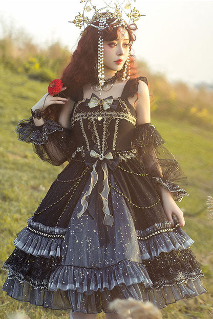 Gothic Lolita JSK Dress with Bowknot and Ruffled Cardigan