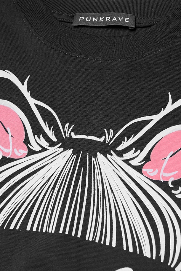Punk Tee with Faceless Cat-Ear Girl Graphic - Oversized