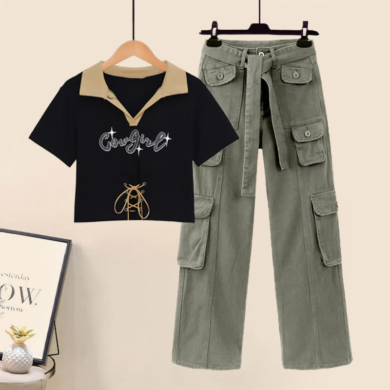 Set Pants Cargo Letter T-Shirt Print Top Crop