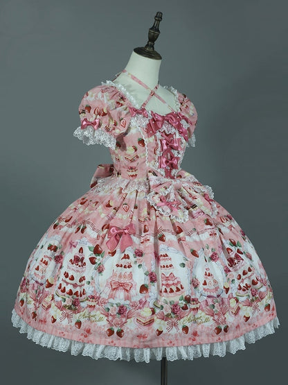 Strawberry Cake Print Pink Bow Accents Sweet Lolita Dress / Full Set
