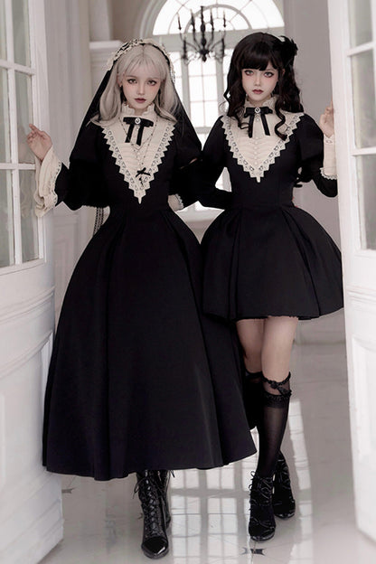 Letters and Poems Nocturne Nun Long Sleeves Ruffle Gothic Lolita Short Dress