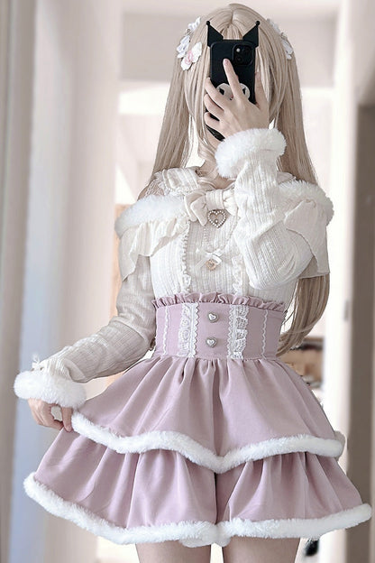Pink Double-Layer Ruffle Lace Japanese Skirt