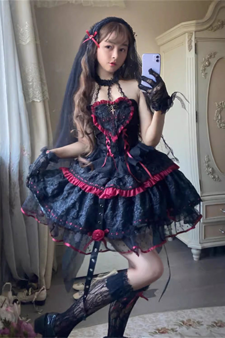 Witch Vampire Rose Print Ruffle Lace-Up Punk Dress